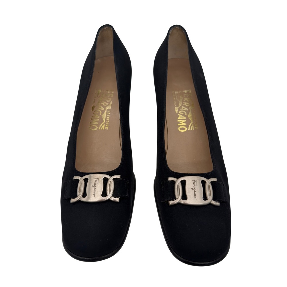 Salvatore Ferragamo‎ Black Gancini Pumps 9.5 AA Block Heel Italy Classic